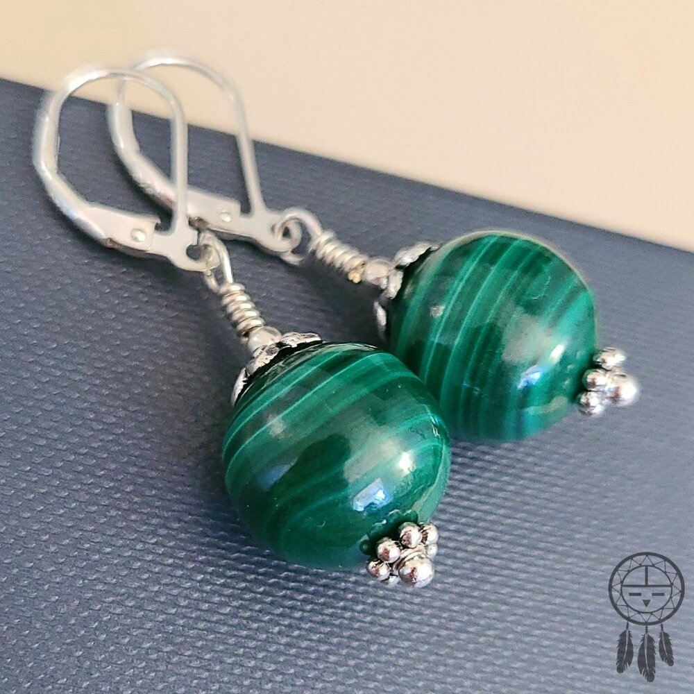 Natural Malachite Dangle Earrings 925 Sterling Silver Gemstone Jewelry - Picture 8 of 12